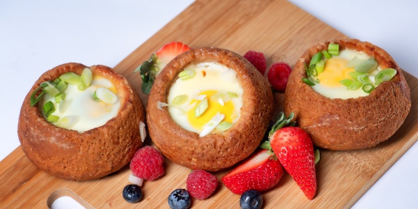Egg and Bread bowl with blueberries and strawberries