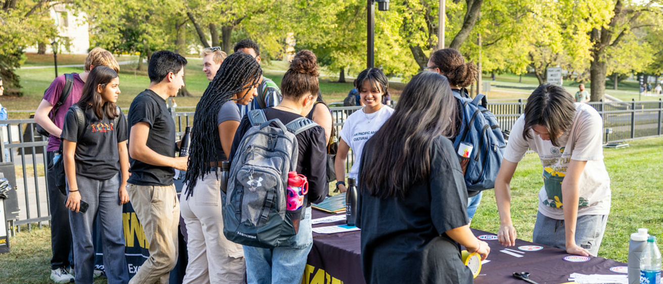 students line up by org tables in Hubbard Park during the engagement fest